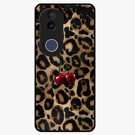 Leopard Wild Cherry Glass Case showing flat back view with leopard pattern and cherry artwork and glossy glass finish.