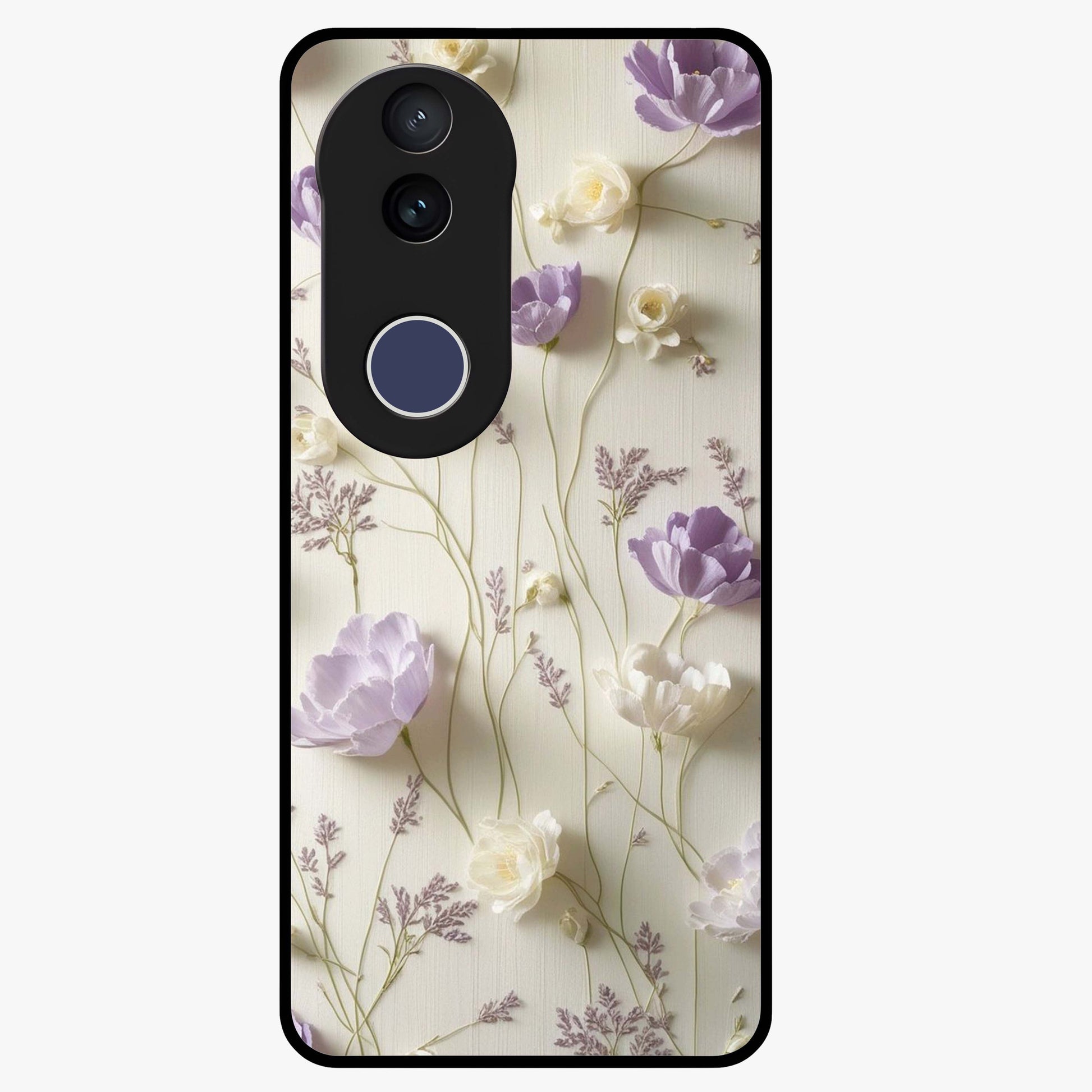 Lilac Breeze Harmony Glass Case showing flat back view with soft lilac themed artwork and glossy glass finish.