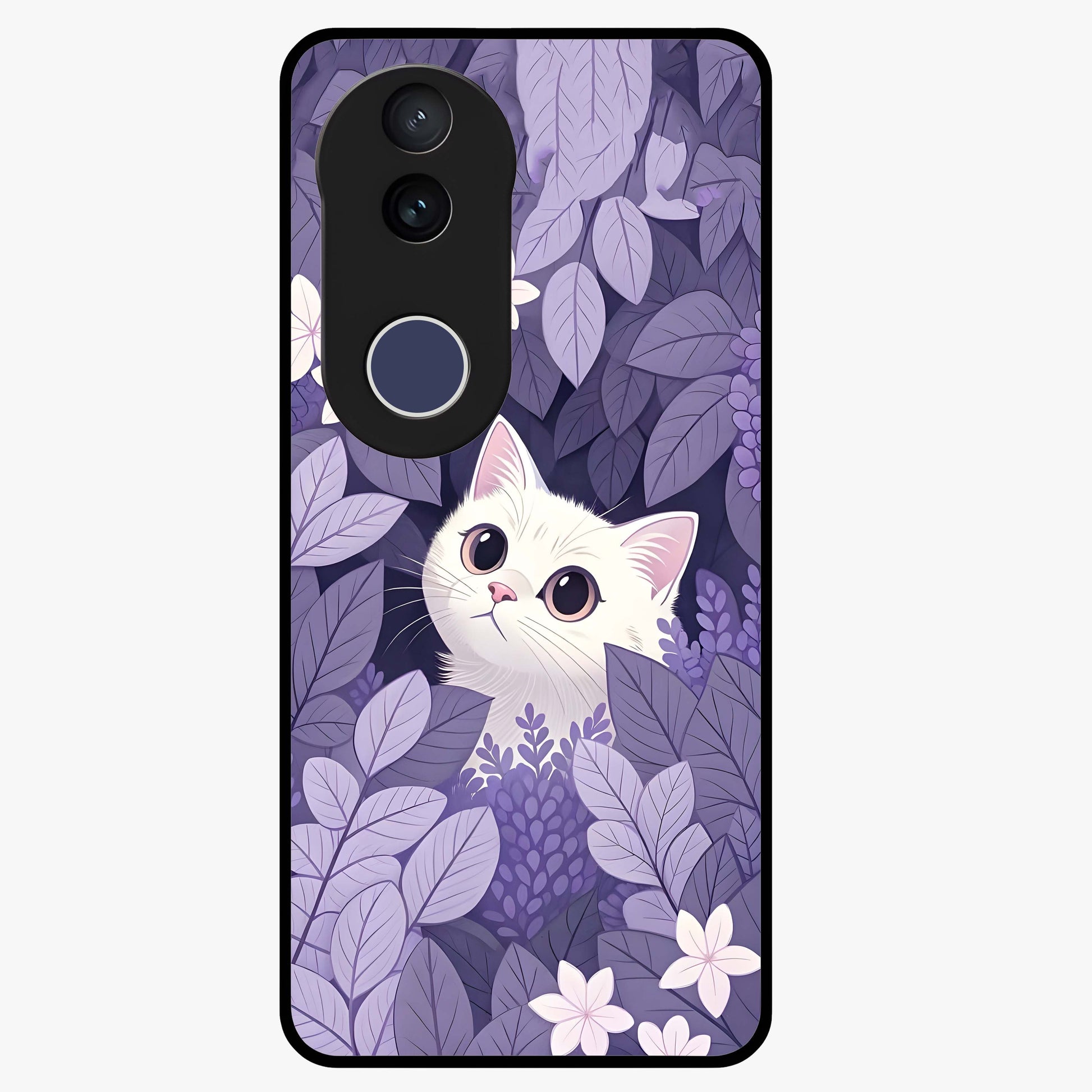 Lilac Hide Peek Cat Glass Case showing flat back view with cute peeking cat artwork and glossy glass finish.