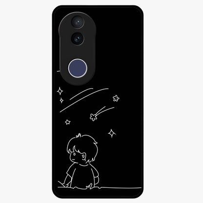 Line Art Boy With Shooting Stars Glass Case showing flat back view with minimal line art boy and shooting stars illustration and glossy glass finish.