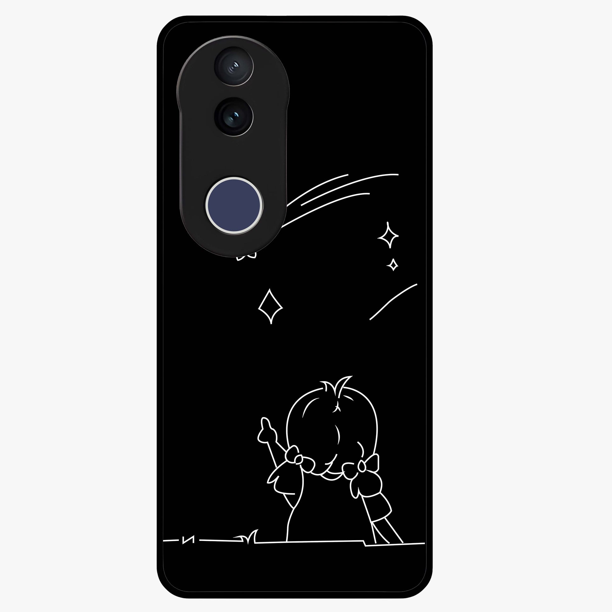 Line Art Girl With Shooting Stars Glass Case showing flat back view with minimal line art girl and shooting stars illustration and glossy glass finish.