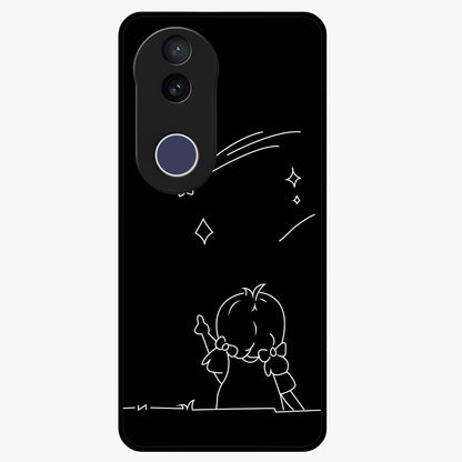 Line Art Girl With Shooting Stars Glass Case showing flat back view with minimal line art girl and shooting stars illustration and glossy glass finish.