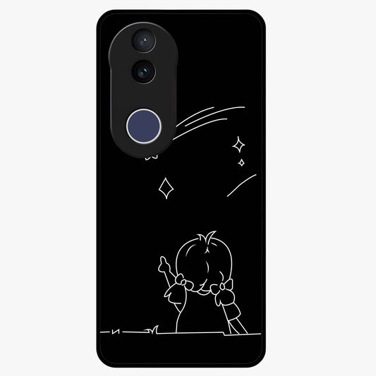Line Art Girl With Shooting Stars Glass Case showing flat back view with minimal line art girl and shooting stars illustration and glossy glass finish.