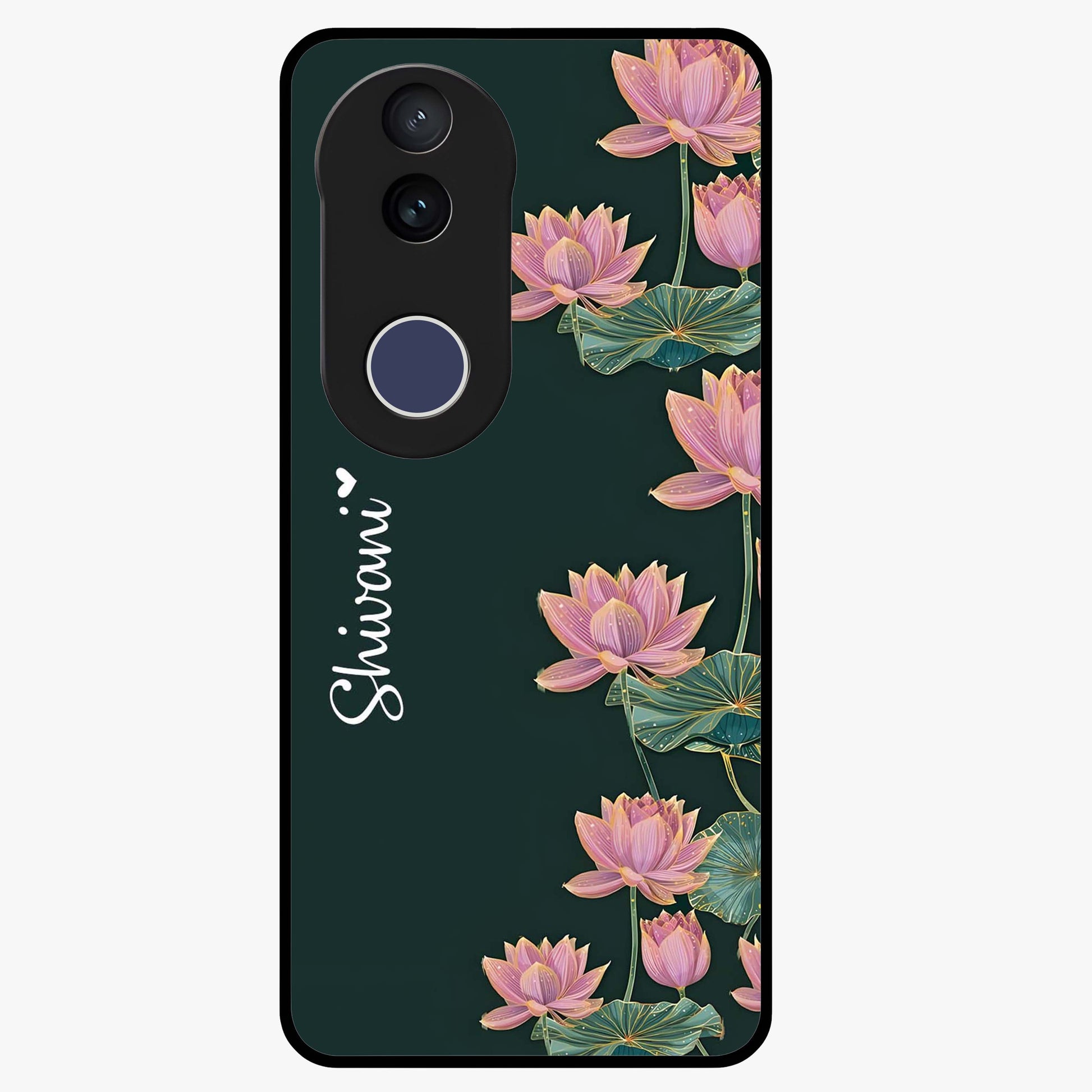 Lotus Bloom Serenity Custom Name Glass Case showing flat back view with elegant lotus flower artwork and personalized name design.