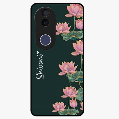 Lotus Bloom Serenity Custom Name Glass Case showing flat back view with elegant lotus flower artwork and personalized name design.