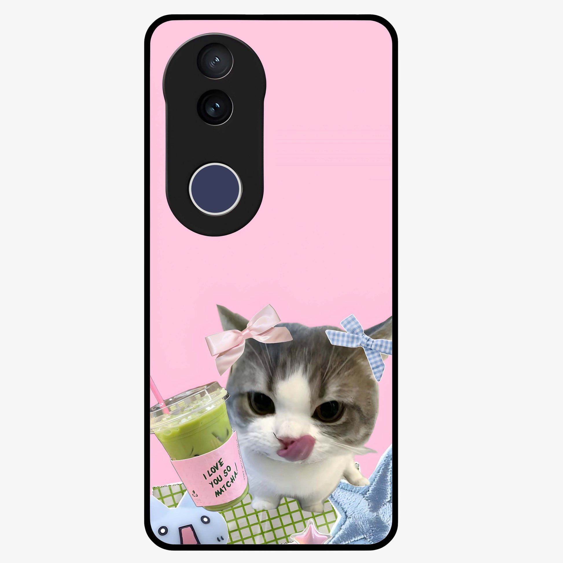 Love Matcha Cat Glass Case showing flat back view with cute cat and matcha themed artwork and glossy glass finish.