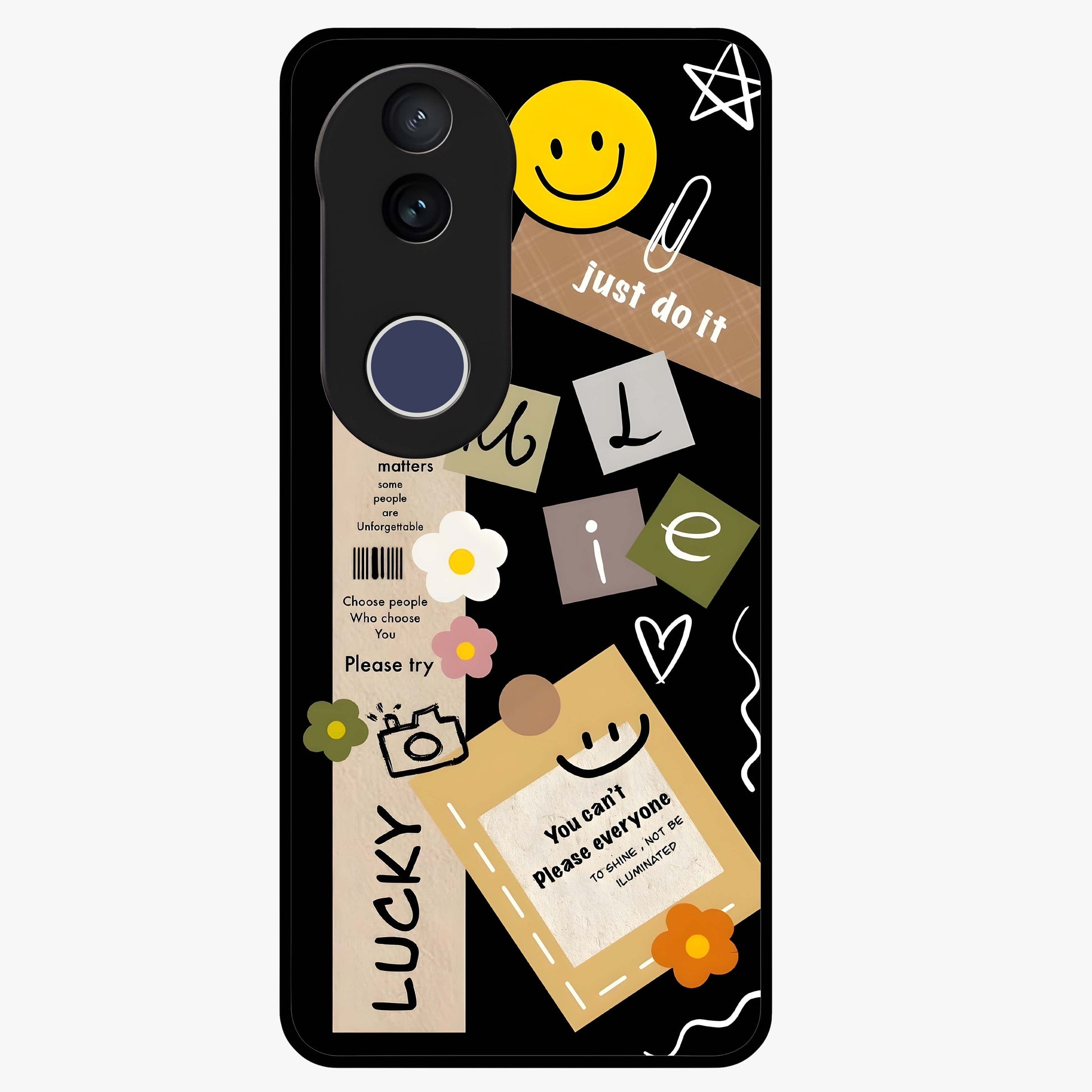 Lucky Aesthetic Collage Glass Case showing flat back view with trendy aesthetic collage artwork and glossy glass finish.