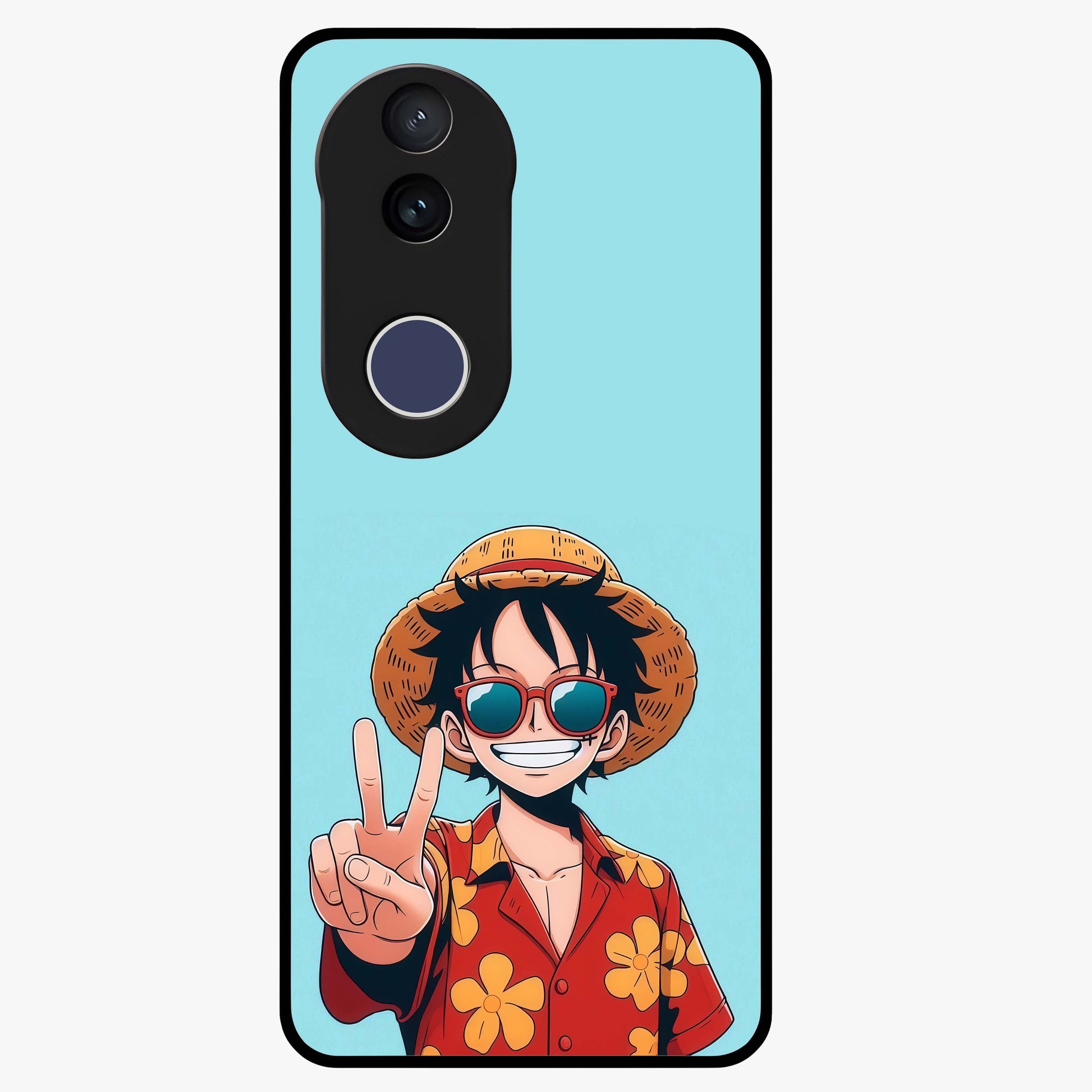 Luffy Summer Anime Vibe Glass Case showing flat back view with vibrant anime character artwork and glossy glass finish.