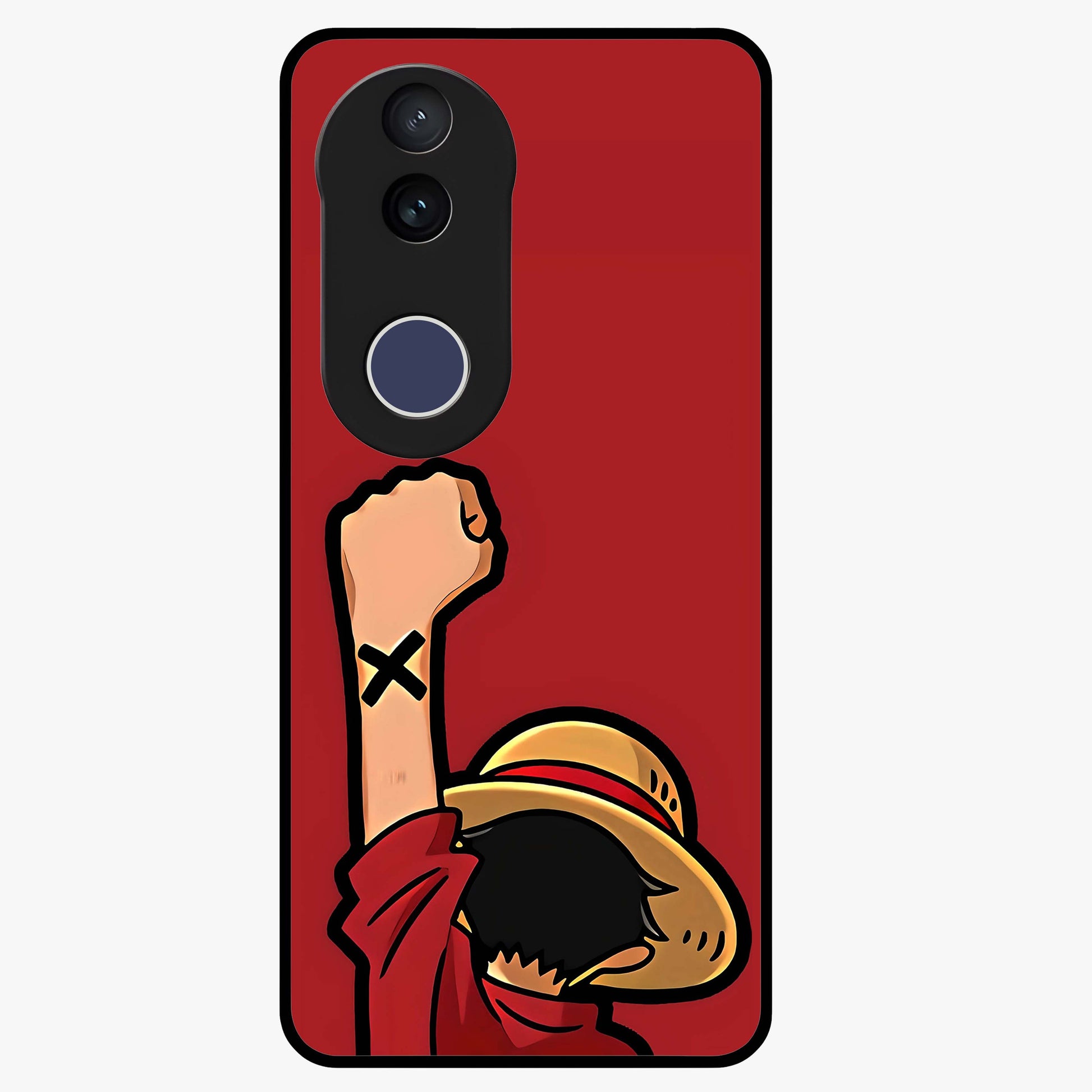 Luffy X Spirit Glass Case showing flat back view with bold anime character artwork and glossy glass finish.