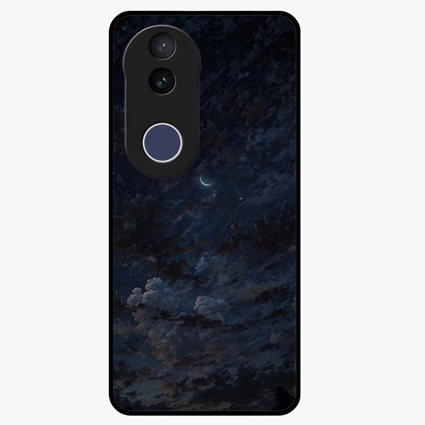 Lunar Veil Silence Glass Case showing flat back view with mystical moon veil artwork and glossy glass finish.