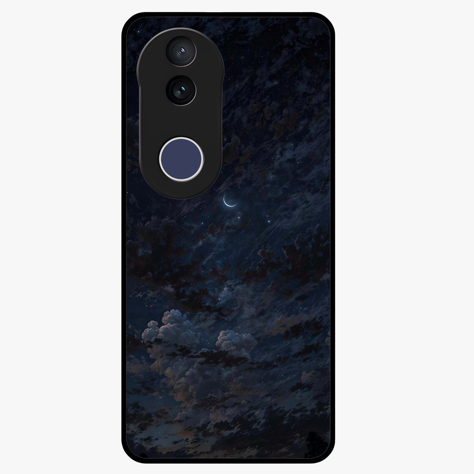 Lunar Veil Silence Glass Case showing flat back view with mystical moon veil artwork and glossy glass finish.