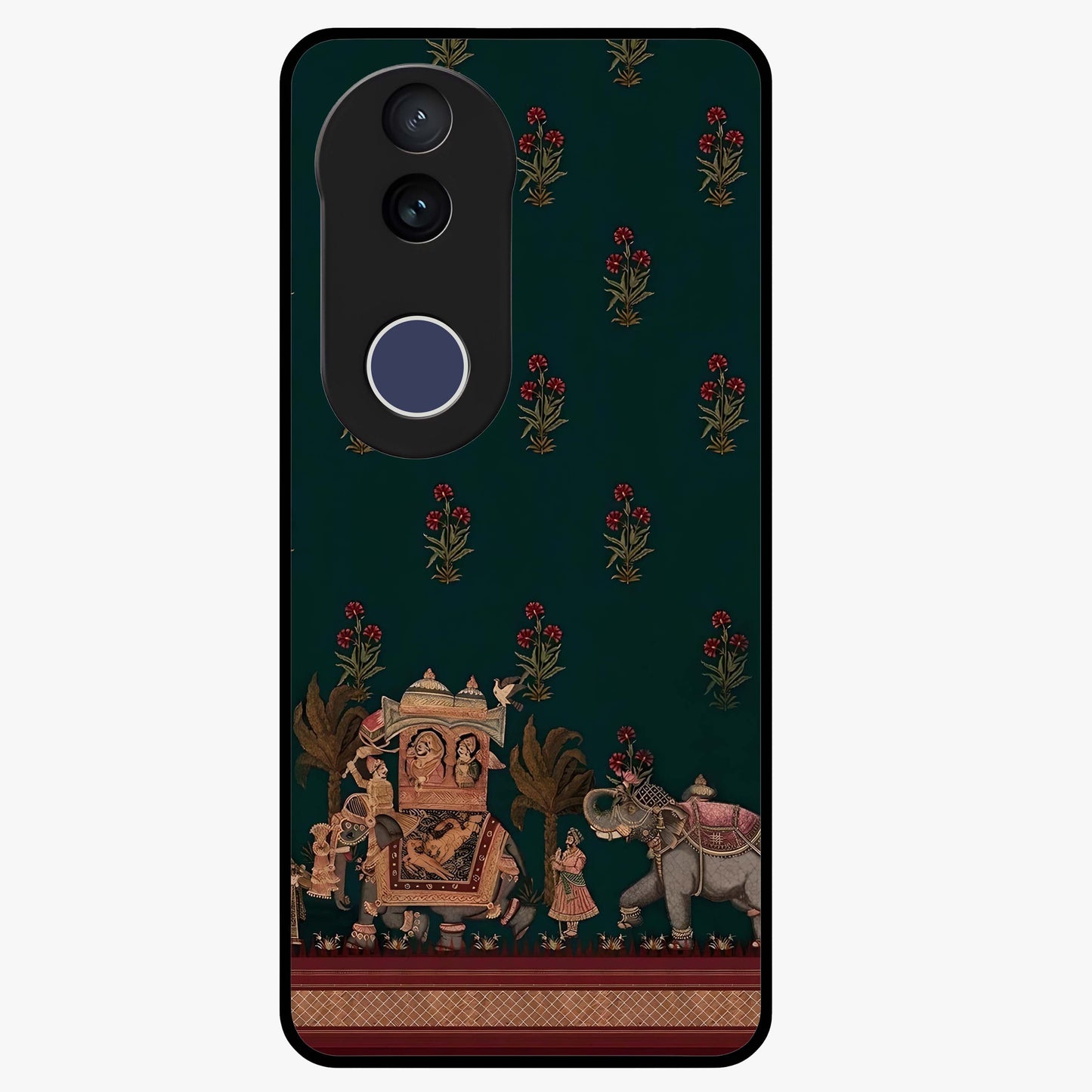 Macmerise Glass Case showing flat back view with stylish modern artwork and glossy glass finish.