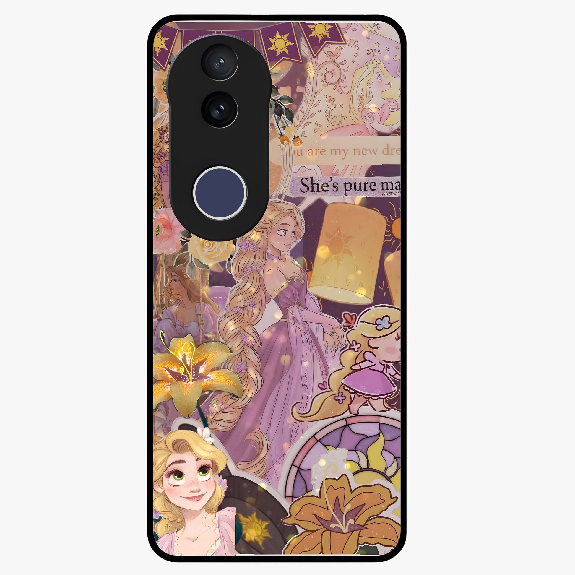Magical Tangled Dream Glass Case showing flat back view with dreamy tangled artwork and glossy glass finish.