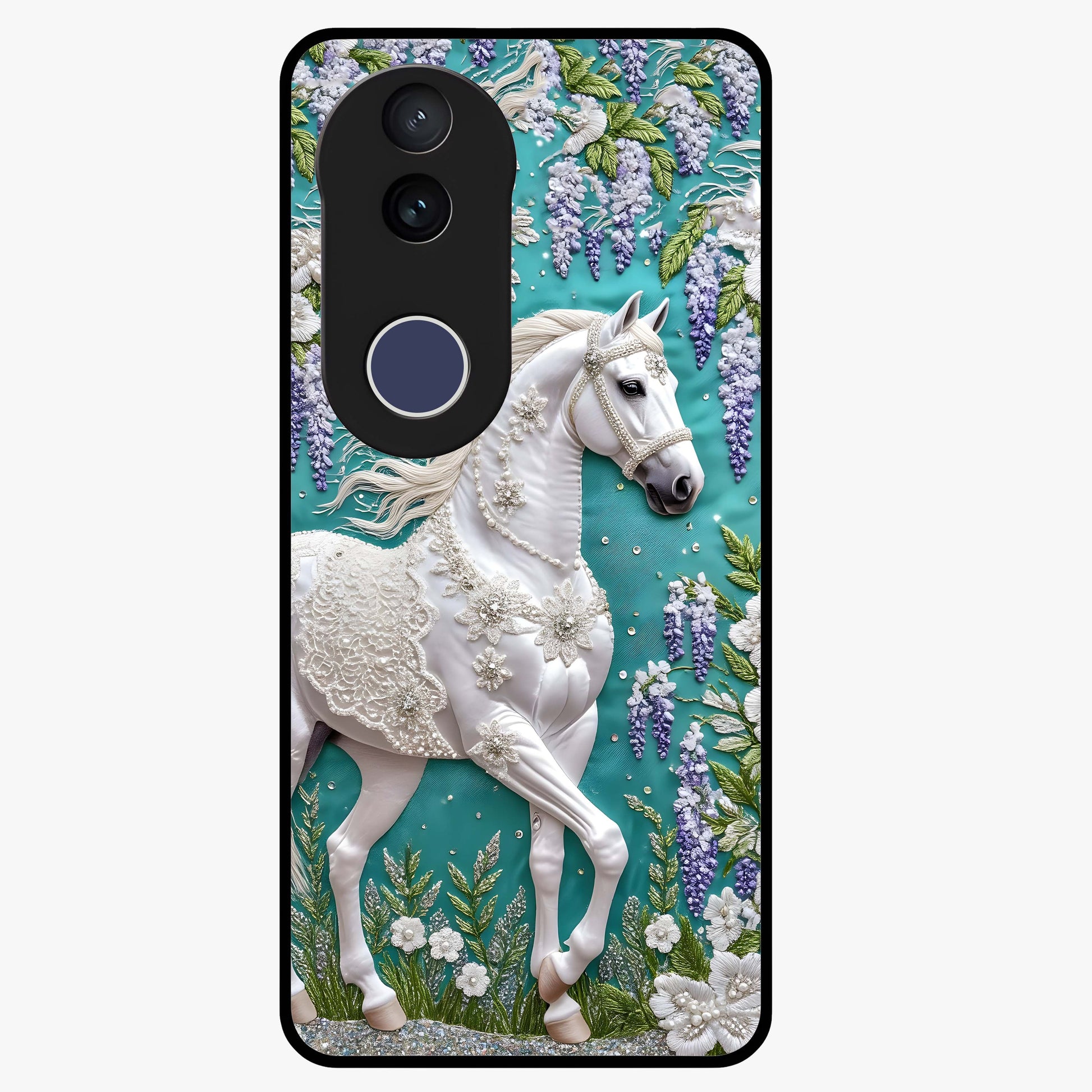 Majestic Floral Stallion Glass Case showing flat back view with powerful horse and floral artwork and glossy glass finish.