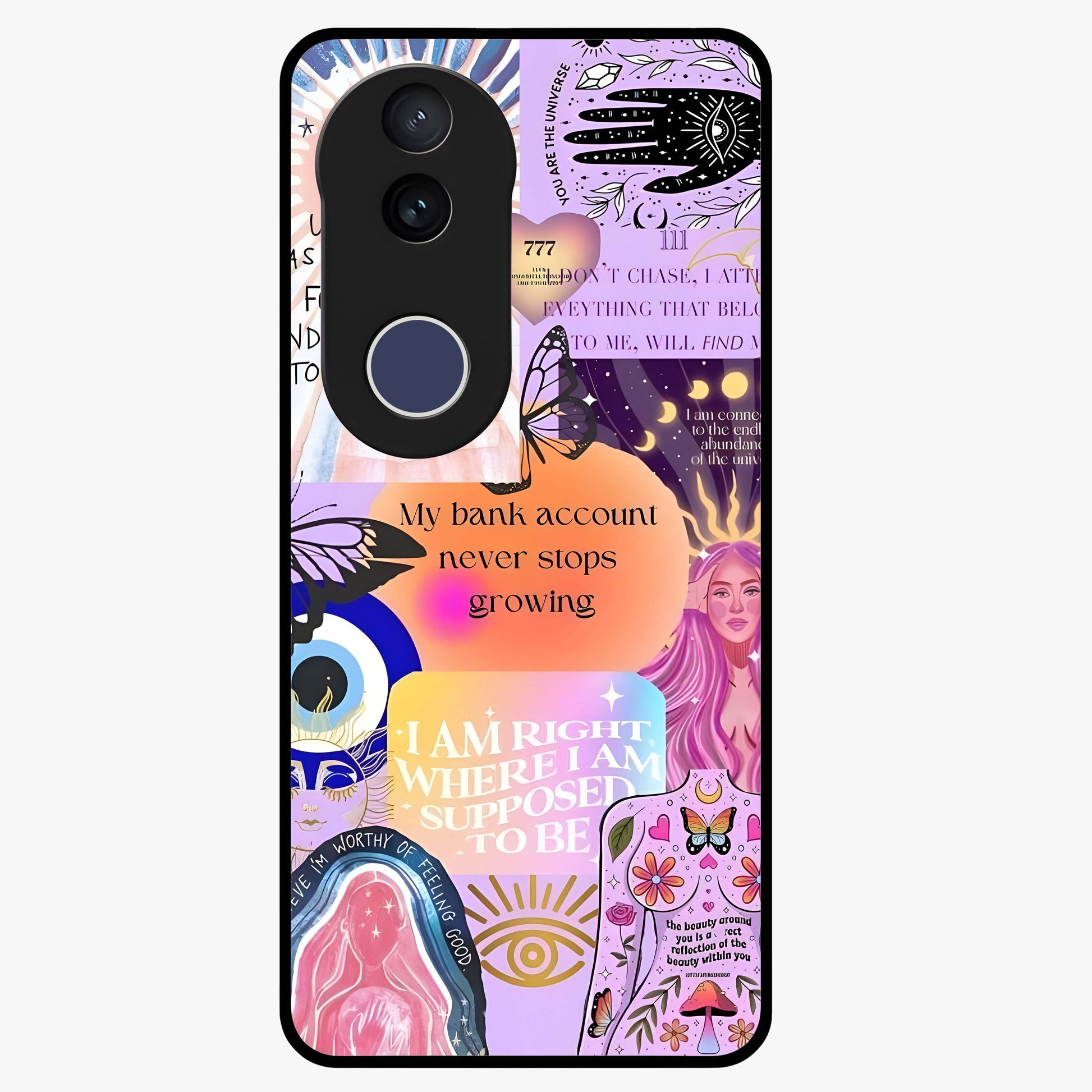 Manifestation Collage Glass Case showing flat back view with motivational collage artwork and glossy glass finish.