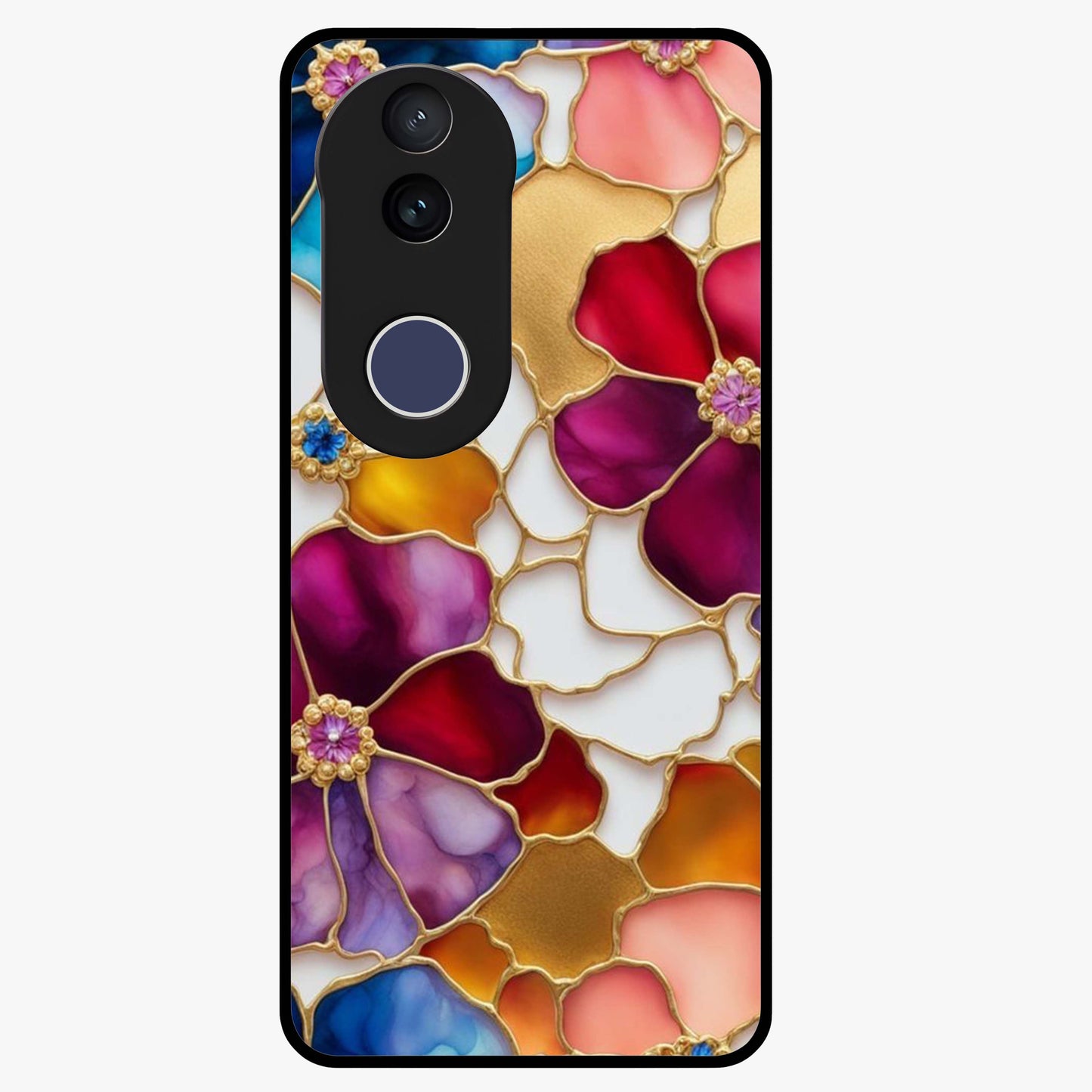 Marble Flower Pattern Glass Case showing flat back view with marble texture floral artwork and glossy glass finish.