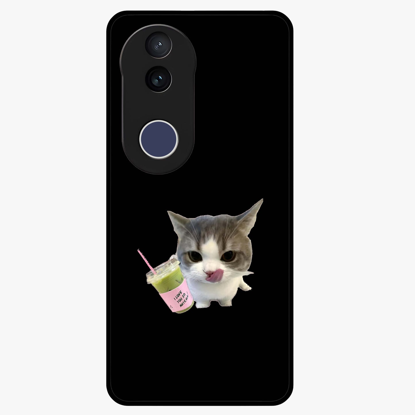 Matcha Cat Style Glass Case showing flat back view with cute matcha themed cat artwork and glossy glass finish.