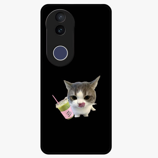 Matcha Cat Style Glass Case showing flat back view with cute matcha themed cat artwork and glossy glass finish.