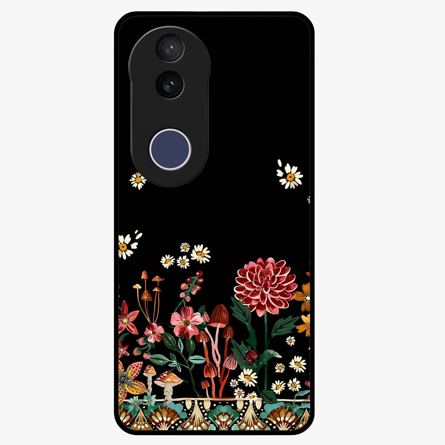 Midnight Bloom Pattern Glass Case showing flat back view with dark floral pattern artwork and glossy glass finish.