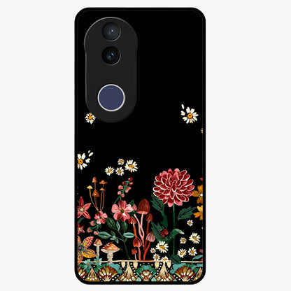 Midnight Bloom Pattern Glass Case showing flat back view with dark floral pattern artwork and glossy glass finish.
