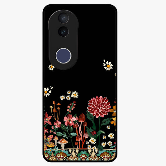 Midnight Bloom Pattern Glass Case showing flat back view with dark floral pattern artwork and glossy glass finish.