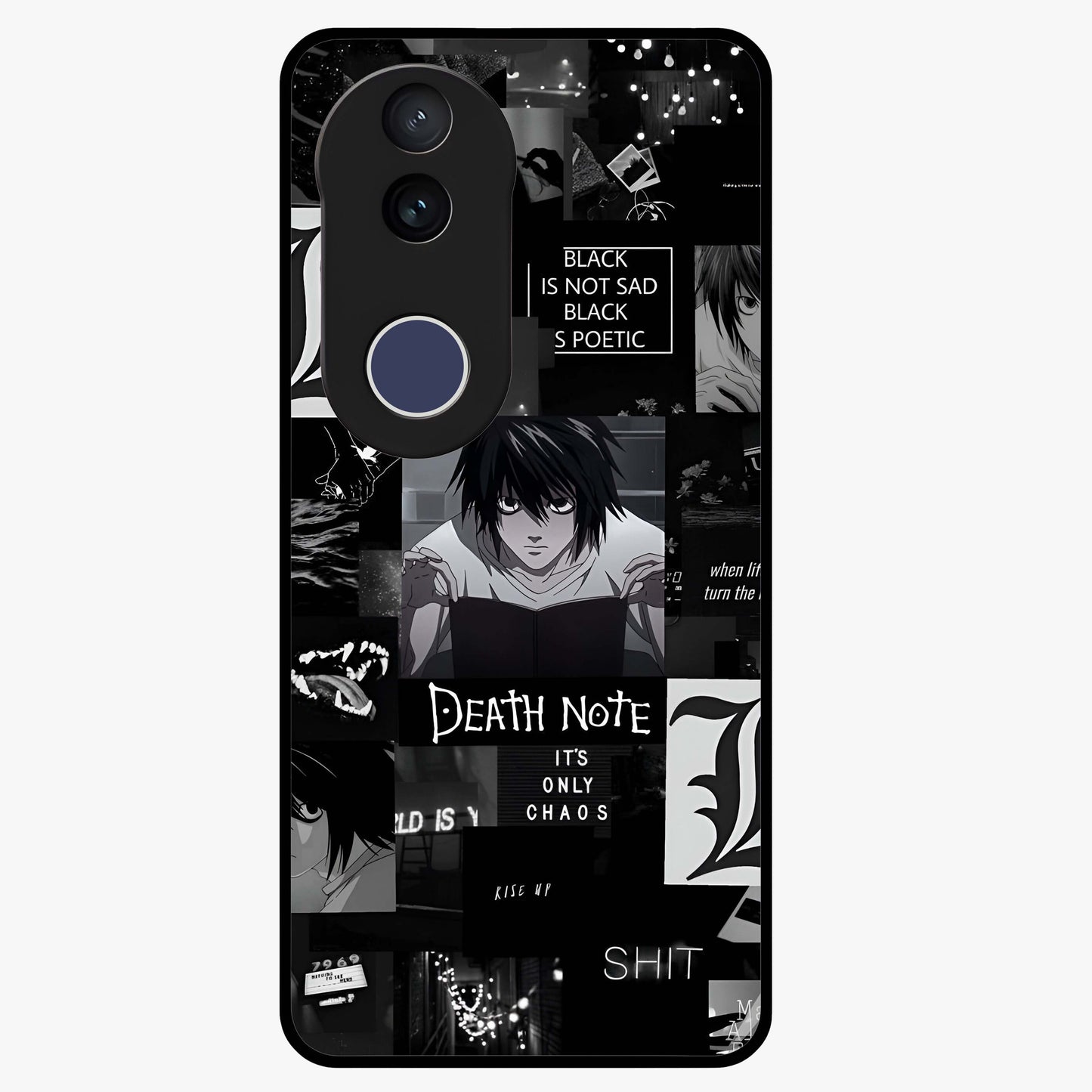 Midnight Chaos Mind Glass Case showing flat back view with abstract dark themed artwork and glossy glass finish.