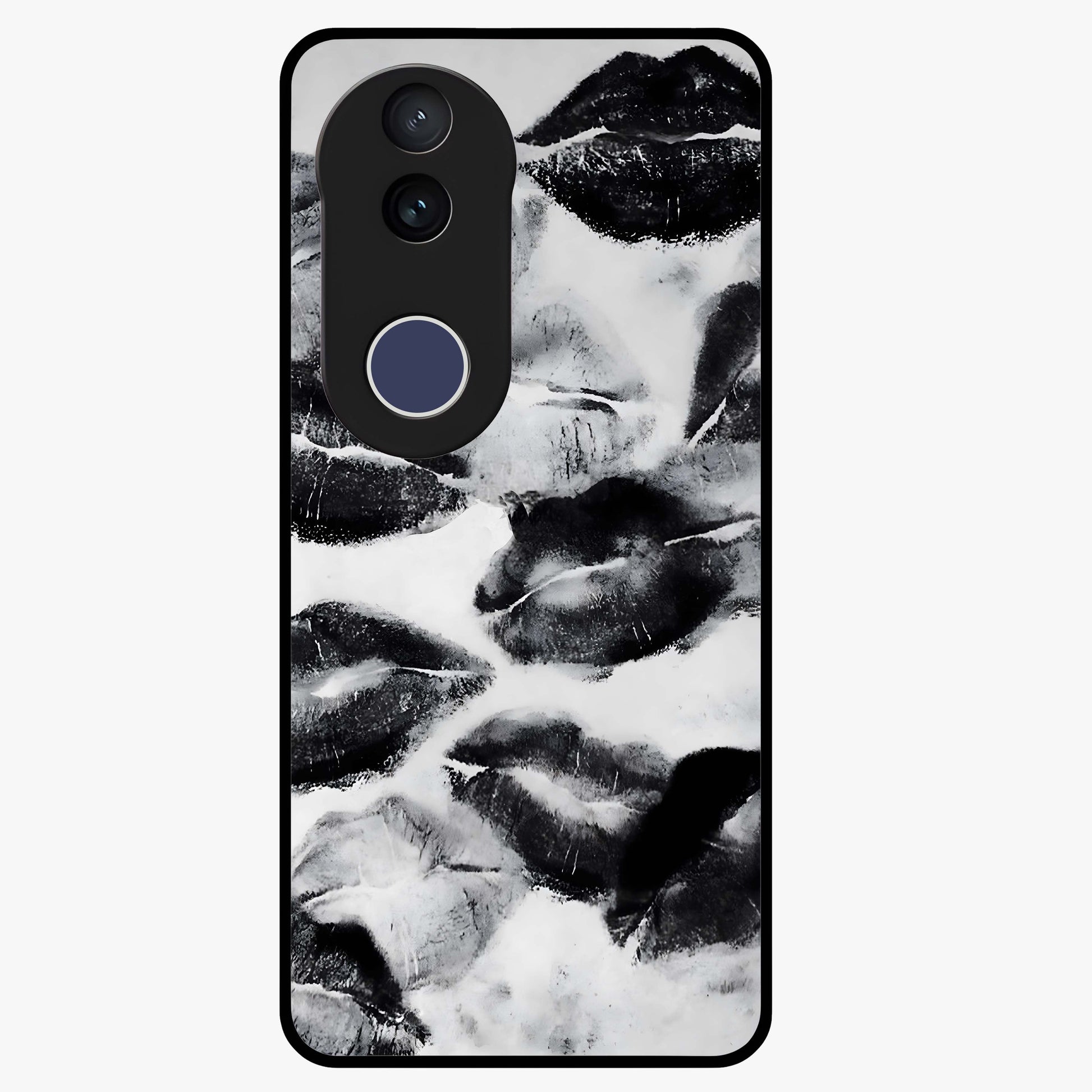 Midnight Kiss Marks Glass Case showing flat back view with lipstick kiss mark artwork and glossy glass finish.