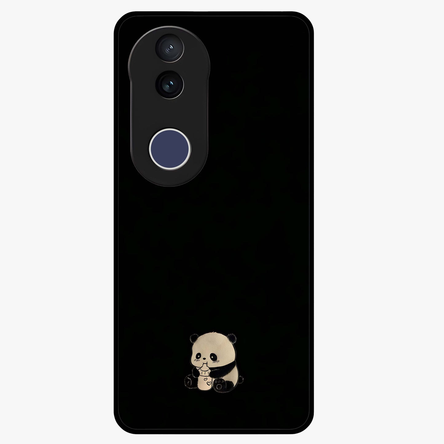 Midnight Panda Love Glass Case showing flat back view with cute panda themed artwork and glossy glass finish.