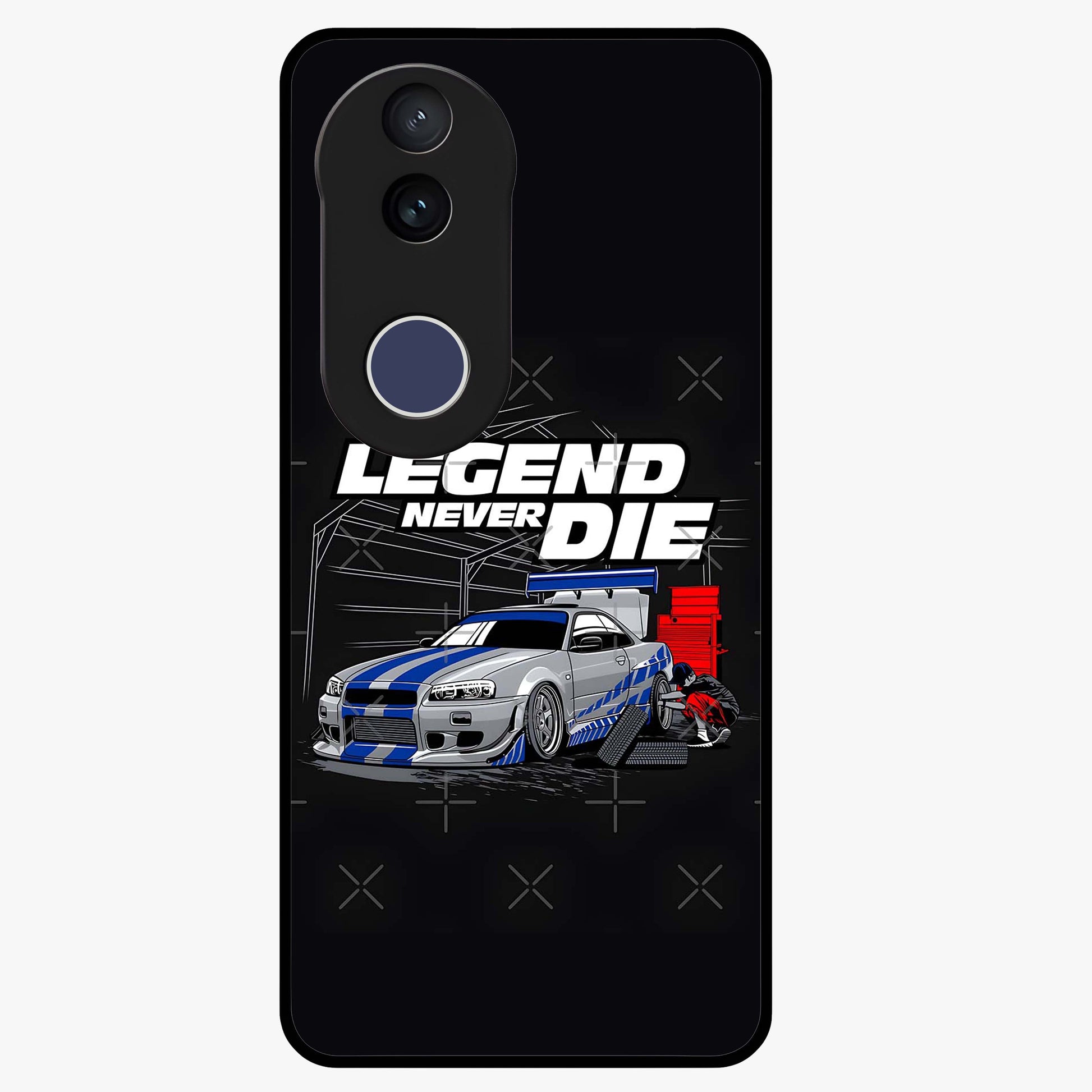 Midnight Racing Legacy Glass Case showing flat back view with sleek racing inspired artwork and glossy glass finish.