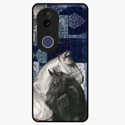 Midnight Stallion Blues Glass Case showing flat back view with majestic horse artwork and glossy glass finish.