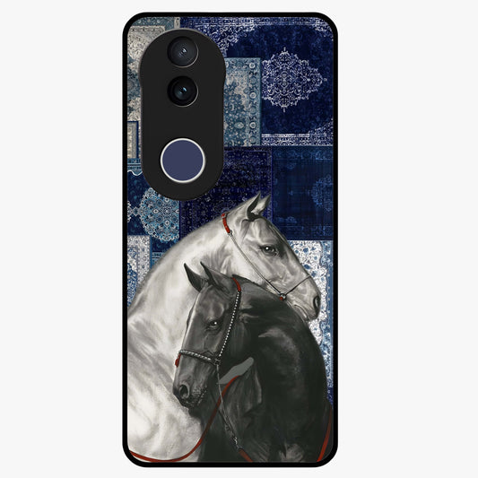 Midnight Stallion Blues Glass Case showing flat back view with majestic horse artwork and glossy glass finish.