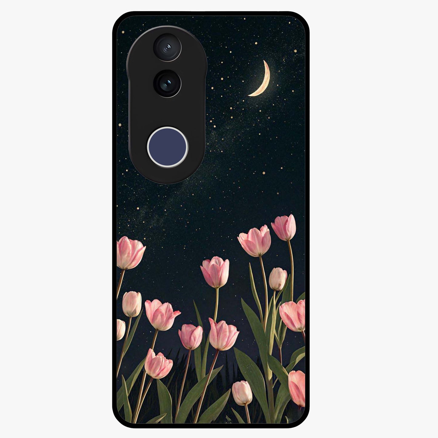 Midnight Tulip Whispers Vibe Glass Case showing flat back view with elegant tulip flower artwork and glossy glass finish.