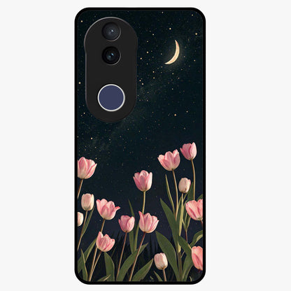 Midnight Tulip Whispers Vibe Glass Case showing flat back view with elegant tulip flower artwork and glossy glass finish.