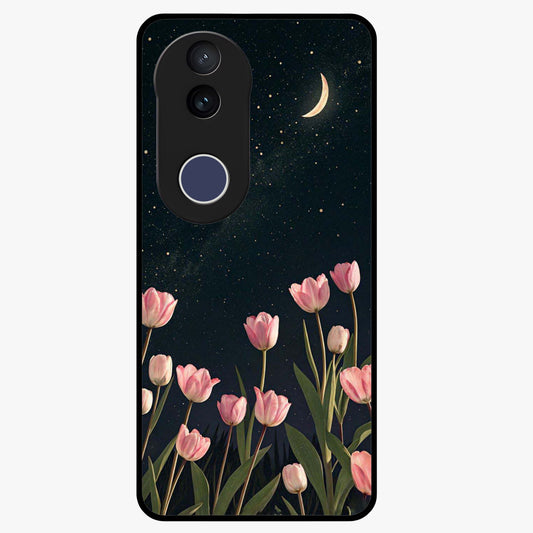 Midnight Tulip Whispers Vibe Glass Case showing flat back view with elegant tulip flower artwork and glossy glass finish.