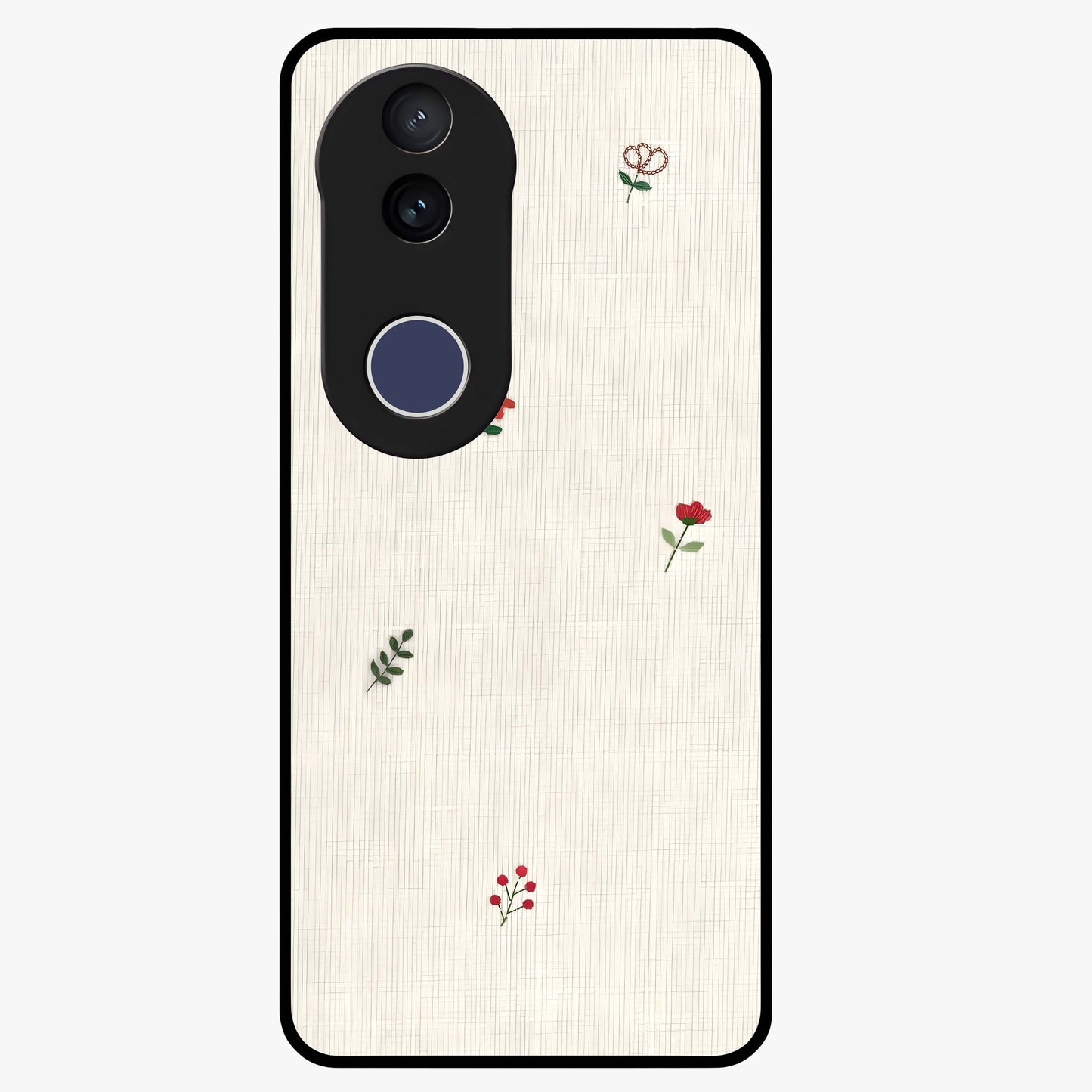 Minimal Petal Whispers Glass Case showing flat back view with soft minimal floral artwork and glossy glass finish.