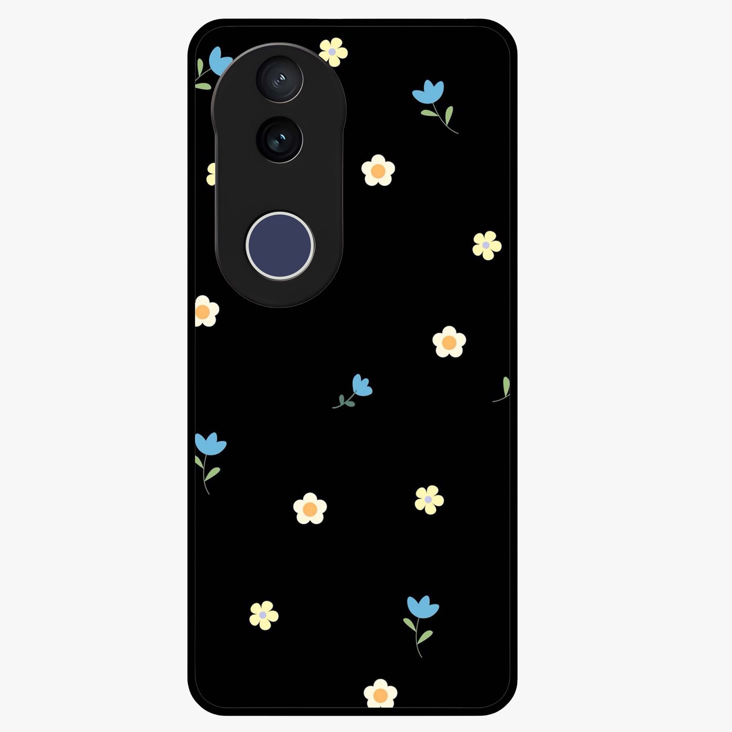 Minimalistic Blue With White Flower Pattern Glass Case showing flat back view with blue background and white flower pattern and glossy glass finish.