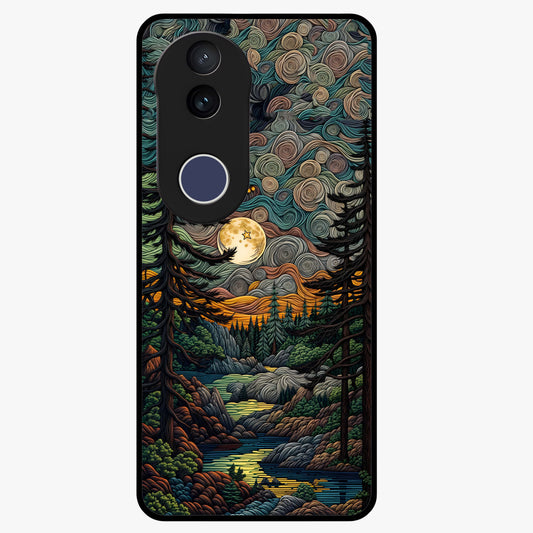 Moonlight Forest Dream Glass Case showing flat back view with mystical forest moonlight artwork and glossy glass finish.