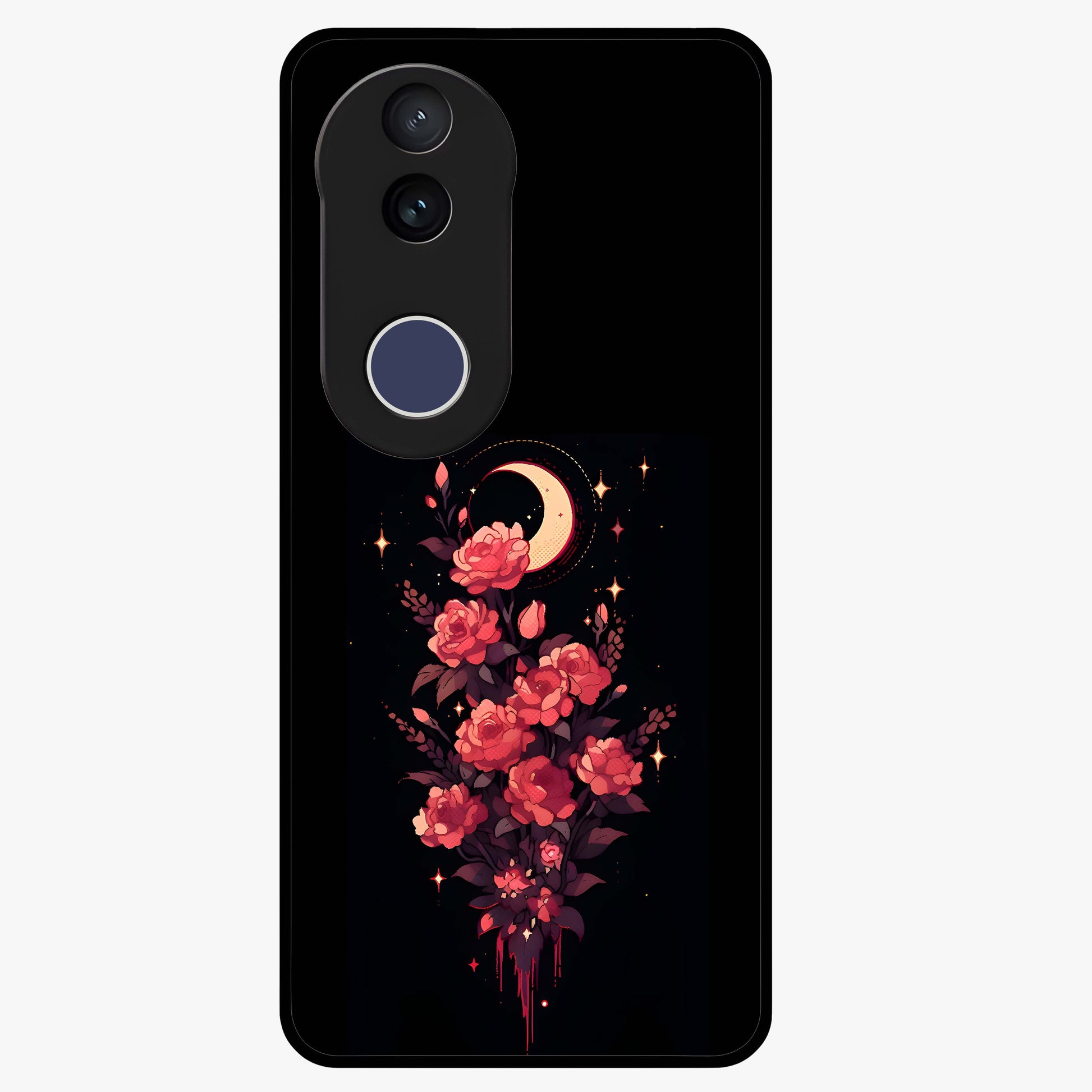 Moonlit Floral Elegance Glass Case showing flat back view with elegant floral artwork under moonlit tones and glossy glass finish.