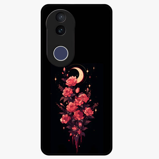 Moonlit Floral Elegance Glass Case showing flat back view with elegant floral artwork under moonlit tones and glossy glass finish.