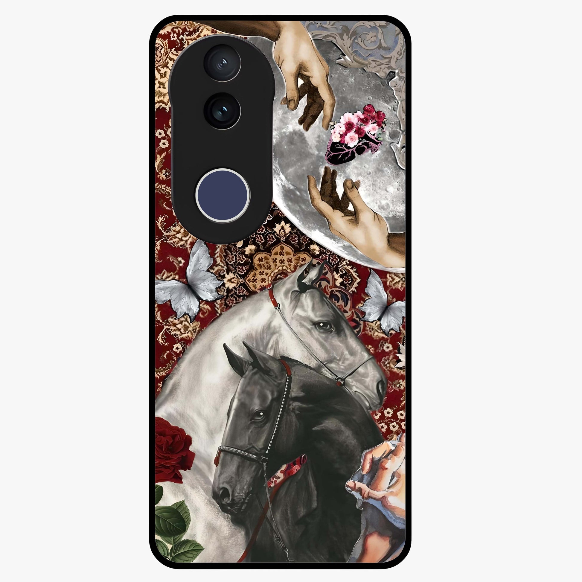 Moonlit Royal Stallion Glass Case showing flat back view with majestic horse under moonlight artwork and glossy glass finish.