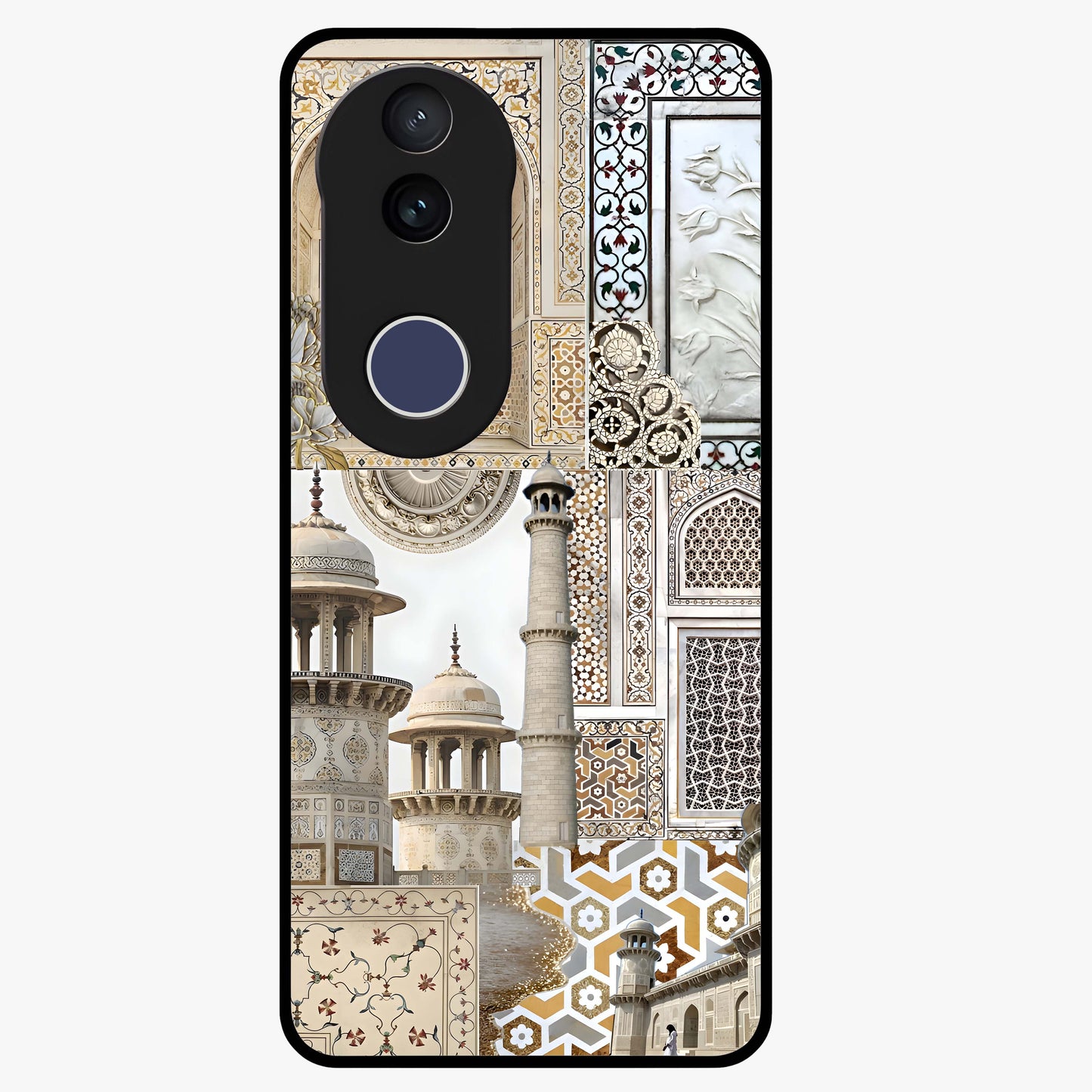 Mughal Marble Legacy Glass Case showing flat back view with intricate Mughal inspired marble pattern and glossy glass finish.