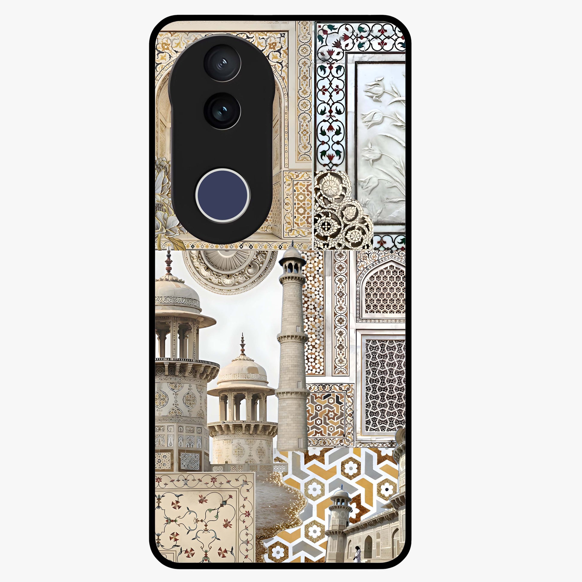 Mughal Marble Legacy Glass Case showing flat back view with intricate Mughal inspired marble pattern and glossy glass finish.