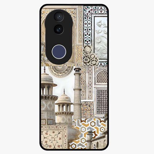 Mughal Marble Legacy Glass Case showing flat back view with intricate Mughal inspired marble pattern and glossy glass finish.