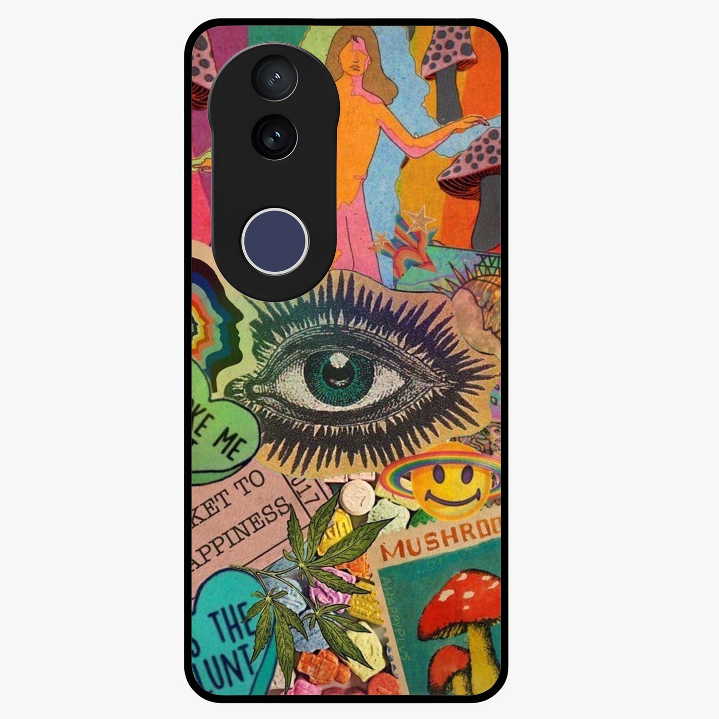 Mystic Eye Wonderland Glass Case showing flat back view with mystical eye themed artwork and glossy glass finish.
