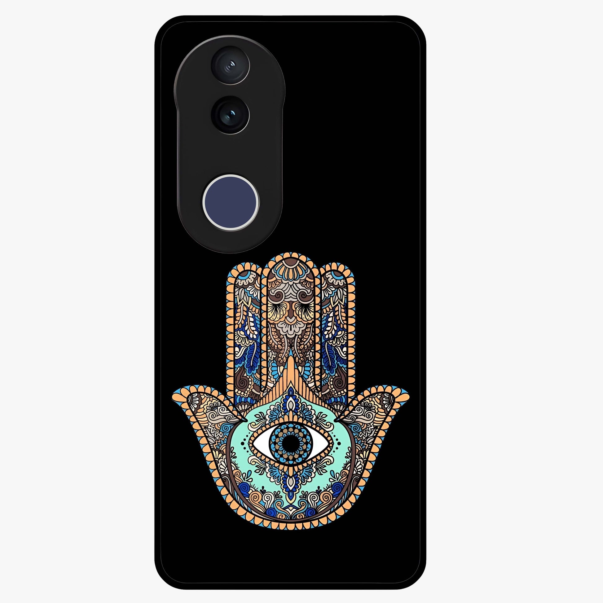 Mystic Hamsa Eye Glass Case showing flat back view with protective hamsa hand and evil eye artwork and glossy glass finish.