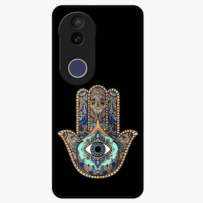 Mystic Hamsa Eye Glass Case showing flat back view with protective hamsa hand and evil eye artwork and glossy glass finish.