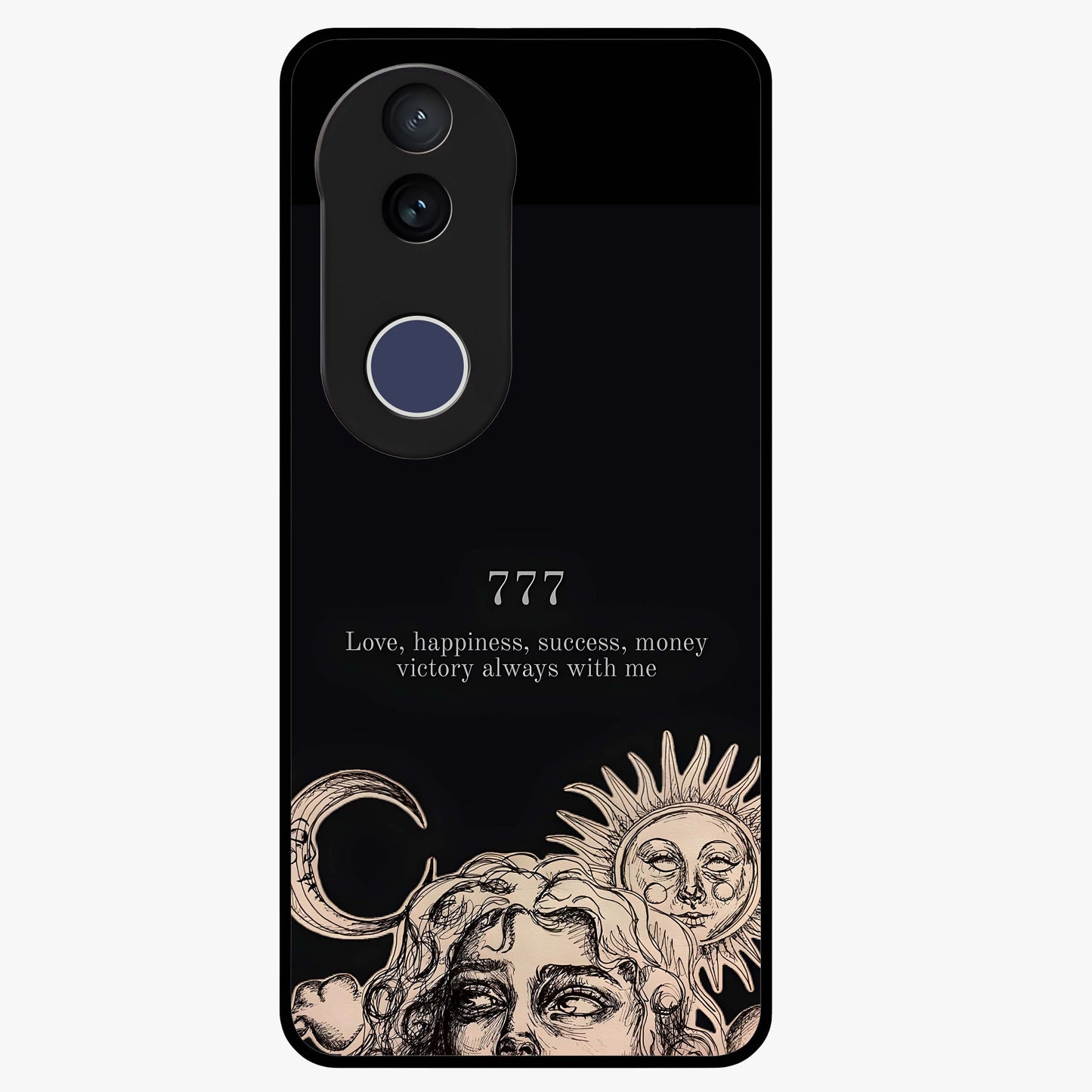 Mystic Victory Aura Glass Case showing flat back view with victory symbol artwork and glossy glass finish.