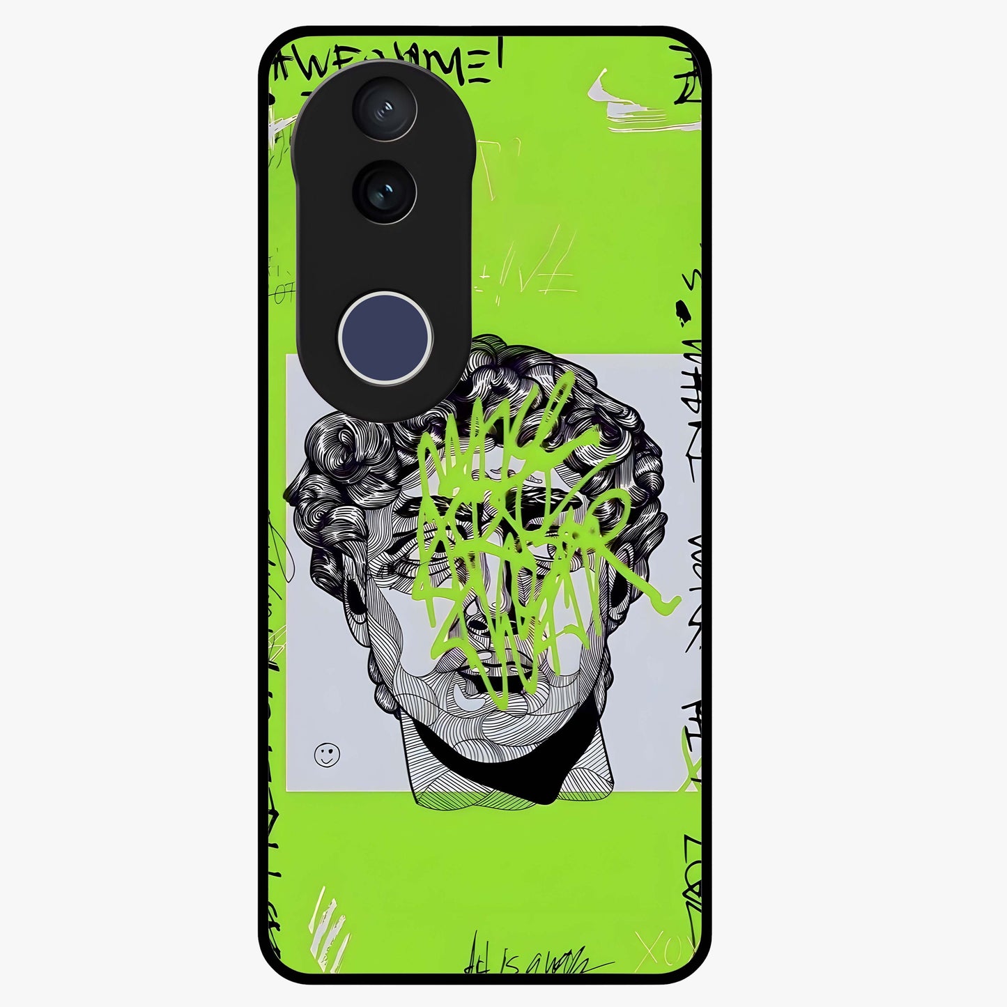 Neo Graffiti Rebellion Glass Case showing flat back view with vibrant graffiti artwork and glossy glass finish.