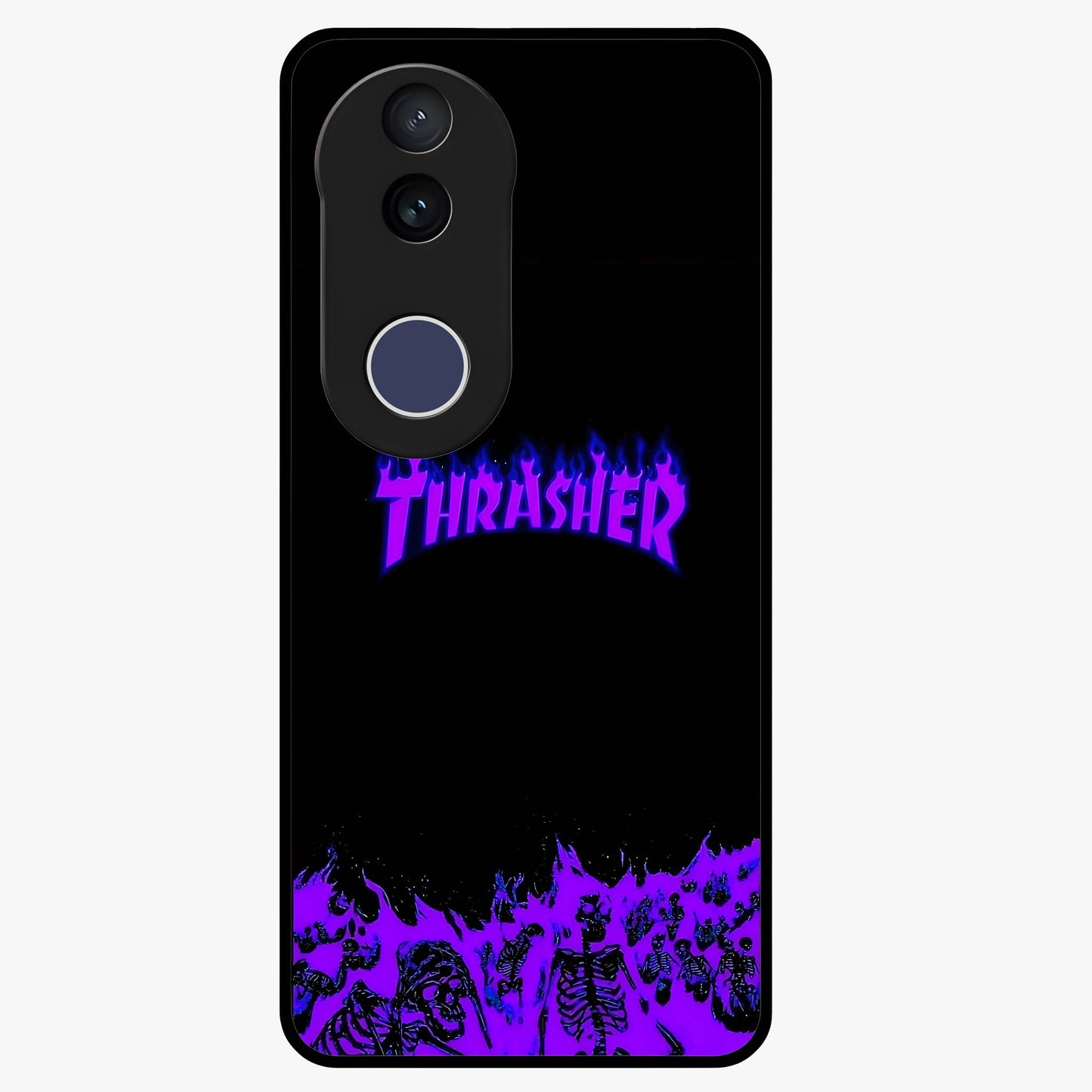 Neon Flame Riot Glass Case showing flat back view with neon flame artwork and glossy glass finish.