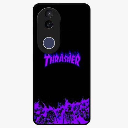Neon Flame Riot Glass Case showing flat back view with neon flame artwork and glossy glass finish.